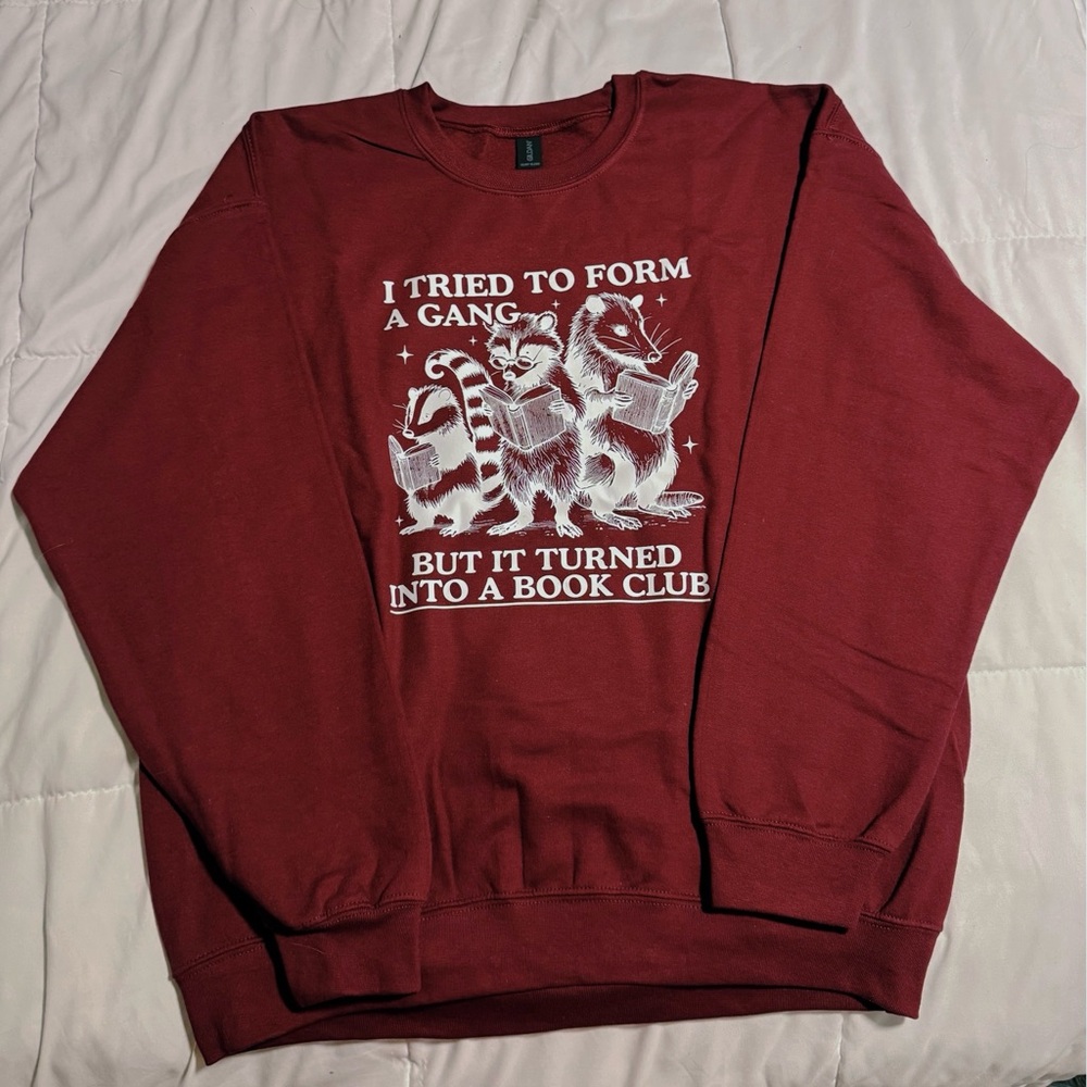 Etsy Funny Book Club Woods Animal Sweatshirt Librarian Bookworm Maroon Crewneck